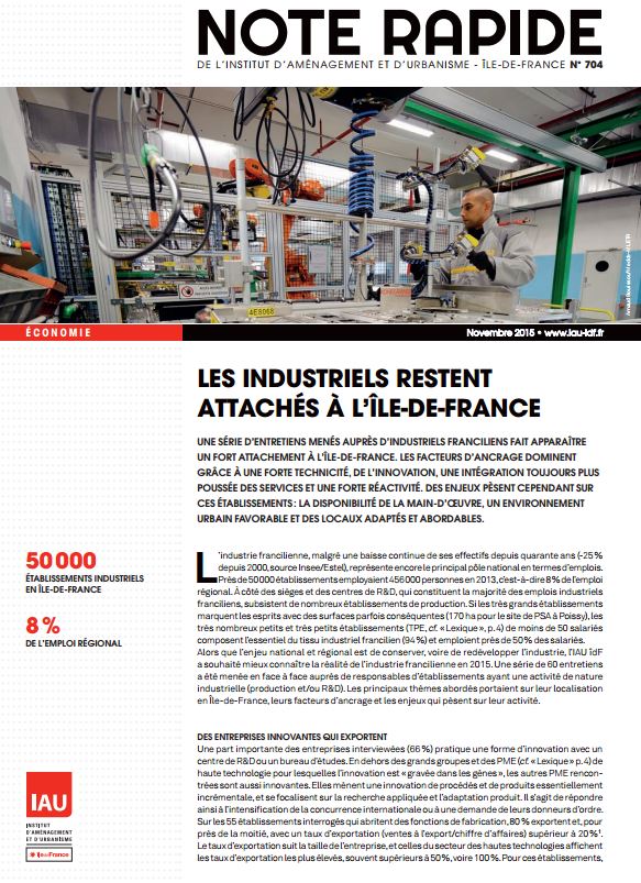 Note rapide de l'IAU : les industriels restent attachés à l'Île-de-France