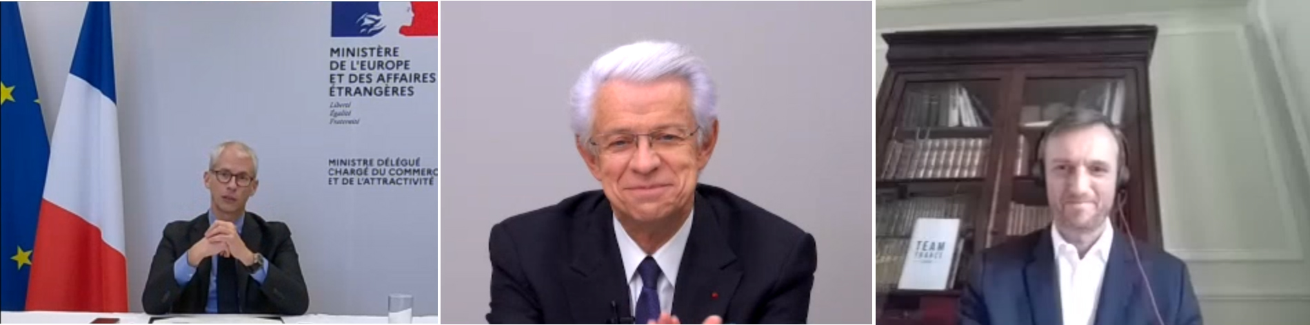 Franck Riester, ministre délégué au commerce extérieur et à l’attractivité - Didier Kling, Président de la CCI Paris Ile-de-France - Henri Baïssas, Directeur général délégué de Business France