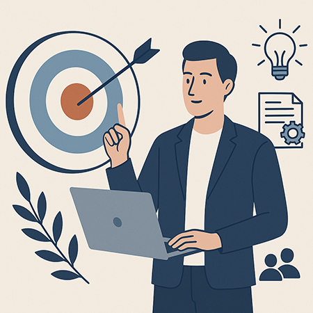 illustration pour recruter autrement, un dessin d'un homme avec un ordinateur, une cible avec une flèche dans le 1000