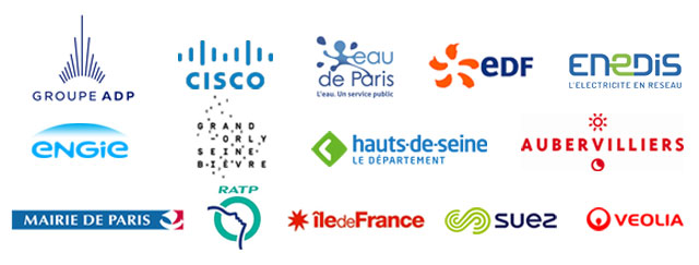ADP • cisco • eau de Paris • EDF • ENEDIS • ENGIE • Grand-Orly Seine Bièvre • Département des Hauts-de-Seine • Mairie d'Aubervilliers • Mairie de Paris • RATP • Région Ile-de-France • SUEZ • VEOLIA