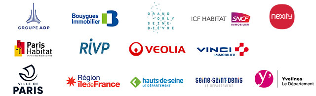Donneurs d'ordres PRBM 2019 ADP • Bouygues Immobilier • Grand-Orly Seine Bièvre • ICF Habitat SNCF • Nexity • Paris Habitat • RIVP • VEOLIA • VINCI Immobilier • Ville de Paris • Région Ile-de-France • Département des Hauts-de-Seine • Département de Seine-Saint-Denis • Département des Yvelines