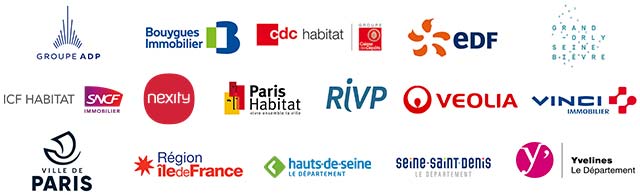 Donneurs d'ordres PRBM 2019 ADP • Bouygues Immobilier • cdc habitat • edf • Grand-Orly Seine Bièvre • ICF Habitat SNCF • Nexity • Paris Habitat • RIVP • VEOLIA • VINCI Immobilier • Ville de Paris • Région Ile-de-France • Département des Hauts-de-Seine • Département de Seine-Saint-Denis • Département des Yvelines