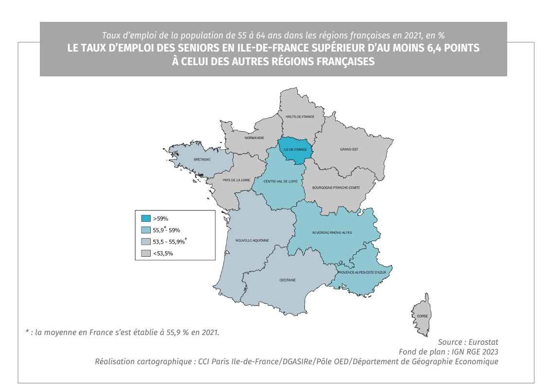 Taux d'emploi des séniors dans les grandes régions françaises