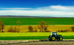 Tracteur au labour dans champ verdoyant