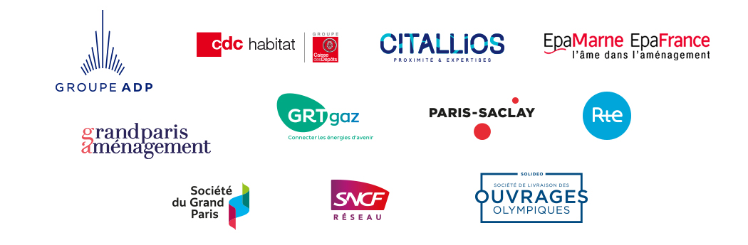 Logos des entreprises maîtres d'ouvrage : Groupe aDP, CDC habitat, caisse des dépots, citallios, epaMarne EpaFrance, Grand Paris Aménagement, GRT Gaz, Paris-Saclay, RTE, Société du Grand Paris, SNCF, Société de livraison des ouvrages olympiques