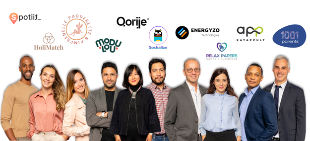 Logo et profil des entreprises incubées : spotiit, holimatch, pimprenelle paquette,modulou, oorije, soshalize, energyzo, relax papers, app katappult, 1001 parents