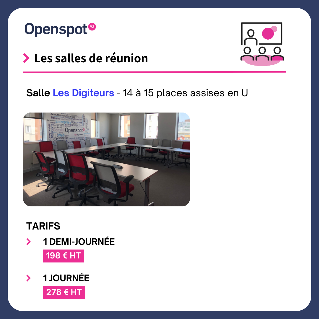 salles de réunion : salle les digiteurs pour 15 places assises en U ; 1 demi-journée : 198€HT et 1 journée = 278€HT