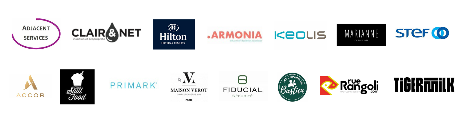Logo des entreprises mobilisées : adjacent services, clair & net, hilton, .armonia, keolis, marianne, Stel, Accor, Soul Food, Primark, Maison Verot, Fiducial, Bastien, Rue Rangoli, Tigermilk